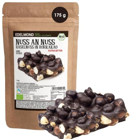 Edelmond Bio - Haselnuss in Roh-Kakao-Nussbruch-Riegel ohne Zuckerzusatz. Herbe extrabittere Riegel in Art einer Bruchschokolade. Achtung: Keinerlei Süßgeschmack! (175g)