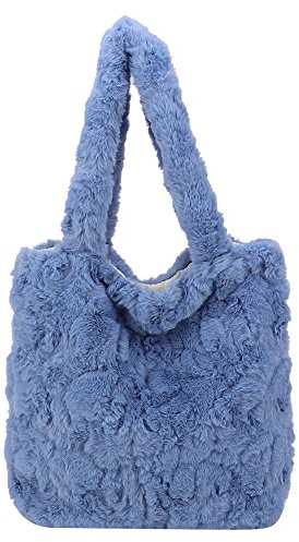 jingyuKJ plysch fluffig tygväska stor kapacitet plysch underarmsväska Y2k handväska fluffig axelväska blomma fluffiga väskor kvinnor flickor för höst och vinter, B01-blå, 32