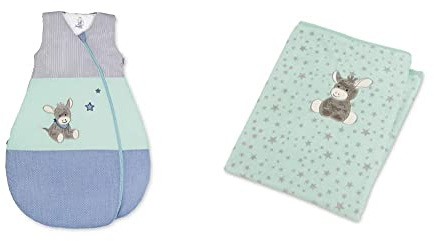 Sterntaler Funktionsschlafsack für Kleinkinder, Esel Emmi, Ganzjährig, Wärmeregulierung, Reißverschluss, 90 cm, Blau/Mehrfarbig & Plüschdecke Esel Emmi, ab der Geburt, 75 x 100 cm, Türkis/Mehrfarbig