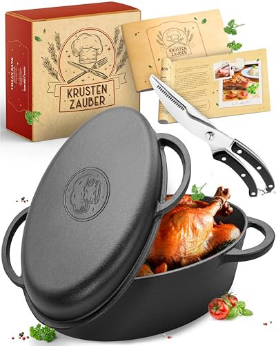 KRUSTENZAUBER 38cm Gusseisen Bräter mit Deckel backofengeeignet inkl. Geflügelschere - 9kg Gänsebräter - Idealer Topf XXL, Schmortopf Bratentopf, Induktion, Gusseisenpfanne