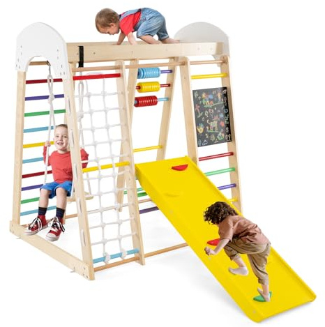 COSTWAY 7 en 1 Aire de Jeux Intérieure en Bois Enfant avec Tableau Noir & Balançoire, Triangle d'escalade Montessori avec Échelle & Filet & Barre & Rocher, Jeu d'escalade pour Bébé de 3 Ans+