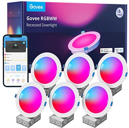 Govee 6 Inch Smart Recessed Lighting, Wi-Fi Bluetooth Direct Connect RGBWW LED Downlight, 65 Scene Mode, Work with Alexa & Google Assistant, LED Recessed Lighting with Junction Box, 1100 Lumen, 6 Pack