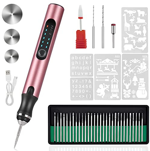 HOTROSE Electric Engraving Pen with 37 Bits, USB Rechargeable Cordless Engraving Machine, Portable DIY Rotary Engraver for Jewelry Wood Glass Stone Carving (Rose red)