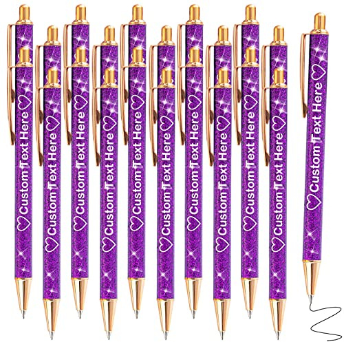 Xiuyours Bolígrafos personalizados con purpurina para mujer, con logotipo impreso de nombre, 20 bolígrafos brillantes personalizados, regalo para boda, cumpleaños, oficina, graduación, violeta