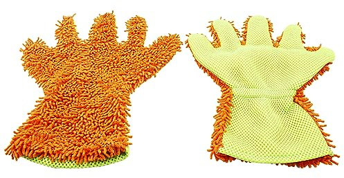 BokWin 2-Pack Car Wash Mitt Scratch Free, 5-Finger Microfiber Wash Mitts, Car Interior Exterior Cleaning Gloves, Auto Chenille Washing Sponge Kits for Cleaning Wheel Tight Spot(Orange)