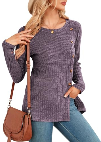 NARRAME Maglioni da Donna Tunica a Maniche Lunghe Top da Donna Bottoni Felpa con Spacco sul Fronte
