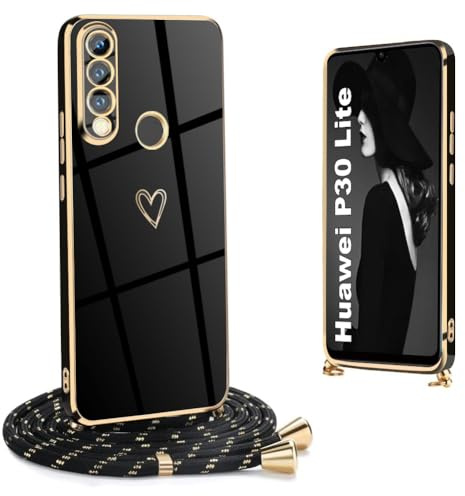 Ptny Handyhülle Kompatibel Mit Huawei P30 Lite Mit Band Zum Umhängen, Liebesherz Muster Galvanik TPU Silikon Bumper Dünn Für Huawei P30 Lite, Schwarz