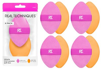 Real Techniques Miracle 2-In-1 Powder Puff 4 Pack, Dual-Sided, Full Size Makeup Blending Puff, Reversible Elastic Band, Makeup Sponge & Powder Puff, For Liquid, Cream & Powder Products, Cruelty-Free
