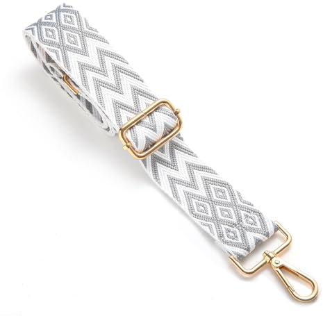 Taschengurt für Damen & Herren, 4cm Breiter Schultergurt, Verstellbarer 80-143 cm Taschenriemen aus Polyesterstoff und Leder, Stylischer Riemen mit 360 Drehbarer Kopf, Weiß/Grau