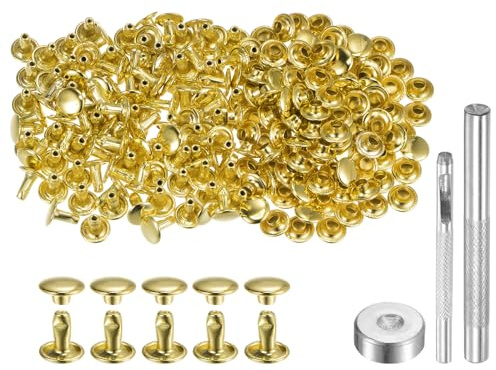 QUARKZMAN Leder Nieten 100 Set Metallniete Doppelkappe 8mm x 8mm Röhrenförmige Hohlnieten Lochzange mit 3 Werkzeug Nietenzange für DIY Handwerk Gürtel Reperatur Dekoration, Gold