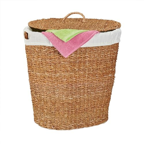 Relaxdays Wäschekorb mit Deckel, aus Seegras, Baumwoll-Wäschesack 50L, HBT: 50 x 50 x 40 cm, Wäschebehälter, natur/beige