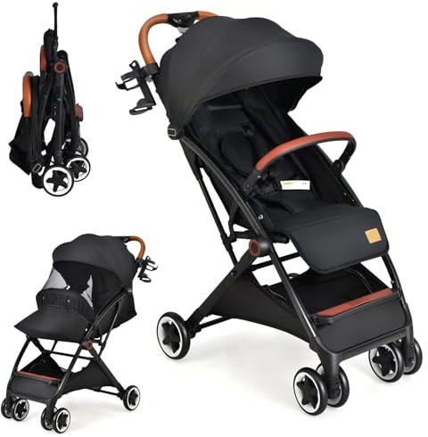 COSTWAY Silla de Paseo Plageble, Cochecito Ligero para Bebé, Carrito de Viaje con Capota Reclinable, Portavasos, Arnés de 5 Puntos, Respaldo Ajustable, Saco para Pies, Almacenamiento Inferior(Negro)