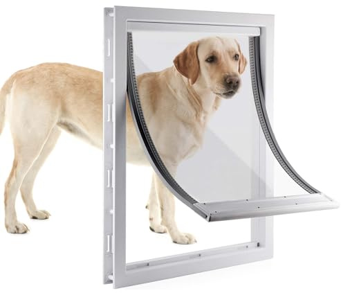 RUYICZB Große Hundeklappe Mit Weicher, Transparenter Magnetklappe Und Einrastbarer Verschlussplatte, Premium-Haustür Aus PVC-Kunststoff Für Große Hunde,Weiß,XL