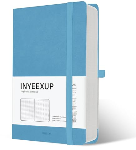 INYEEXUP Notizbuch A5 Dotted, Journal Buch mit 320 Seiten, Notizheft a5 mit Premium 100gsm Tintenfestes Papie Dickes, PU HardCover Notizbücher mit Elastischem Verschlussband und Falttasche(Blau)