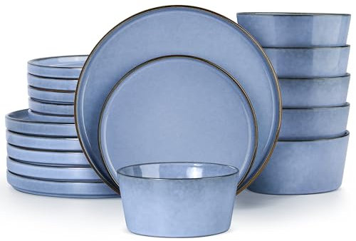 Homikit Vaisselle set 6 personnes, 18 pièces service de table en grès, émail réactif bols à céréales, assiettes à dessert et assiettes plates, lavable en machine, sérénité bleu
