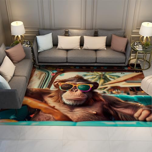 LANDERSION Lustige Tiere Bereich Teppich Orang-Utans im Urlaub Teppich für Terrasse Pool & Schlammraum Outdoor Tropische Palmen Waschbarer Bereich Teppich 80x150cm
