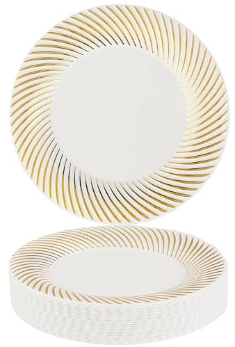 MATANA 100 Weiße Dessertteller aus Kunststoff mit Goldrand für Hochzeiten, Geburtstage, Weihnachten & Partys, 18cm - Mehrweg & Stabil
