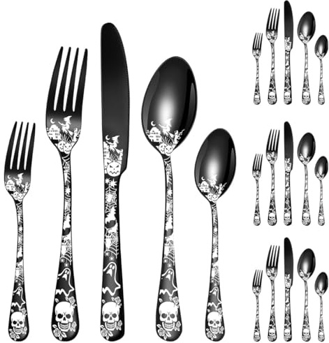 XIAOYU Halloween Themed Skeleton Silverware Set for 4, 20-Piece Stainless Steel Flatware Set, Gothic Skeleton Pattern Decorative Cutlery Set, Halloween Easter and Christmas Tableware, Black