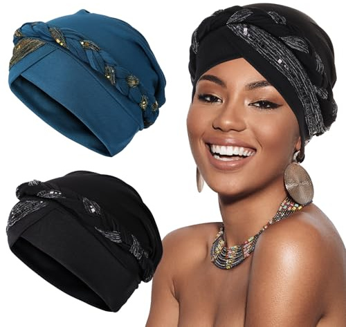 XEPST 2 Pezzi Turbante Donna Bandane Ladies Fascia Elastica Beanie Hijab Pre-Legato Copricapo a Treccia Testa Donne Africane Turbante， Nero e Blu
