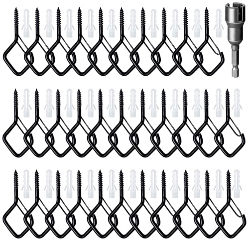 Raxfekro 32 Stück Schraubhaken Edelstahl, Haken zum Schrauben Set mit Sicherung, Schwarz Hakenschrauben Set, Deckenhaken für Hängende Topfpflanzen, Dekorative Lampen, Hängekörbe, Usw