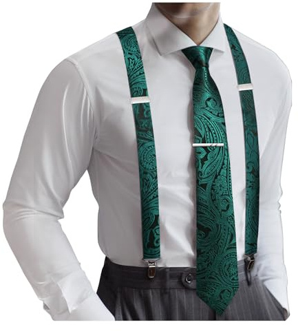 Barry.Wang Mens Suspenders Ties Set X Type Braces&Necktie Tie-Clip Paisley Formal Wedding Party Prom