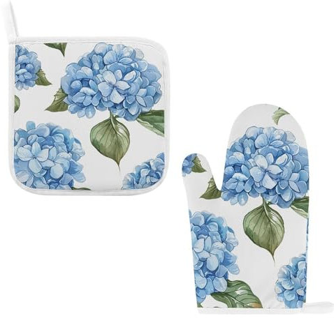 Ofenhandschuhe und Topflappen, hitzebeständige Ofenhandschuhe, rutschfest, für Küche, Ofenhandschuhe, Hortensien-Muster, Ofenhandschuhe, Set, heiße Pads, waschbare Topflappen zum Kochen, Backen,