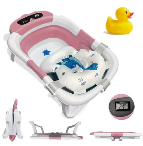 BATHBY | BAÑERA PLEGABLE BEBÉ 5 EN 1 Termómetro + Cojín Protector + Patas Antideslizantes + Tapón de Seguridad | Bebé Recién Nacido | Plegable en 2 | Fácil de Guardar y Transportar (RosaDinosaurio)