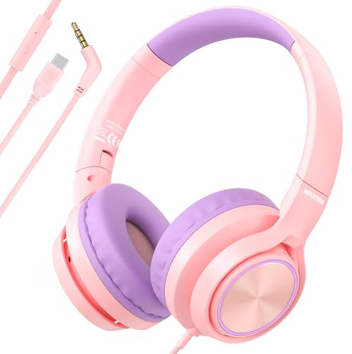 INFURTURE Kids Headphones CH5 USB C Headphone with Mic for Boys/Girls, Line Control,Volume Limit 94dB,On Ear/Wired Headphones for School,Travel,for Cellphones,Tablets,Kindle