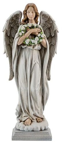 ShineOnAngel Gartenengel mit Blumenkranz, Statue, 40,6 cm, Engel mit Blume, Outdoor-Statue, Gedenkengel, Outdoor-Dekoration