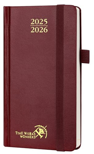 POPRUN Taschenkalender 2025 2026 Klein 16,5 x 9 cm (Aug.2025-Dez.2026) - Kalender 2025 2026 Klein Hardcover - Terminplaner, Planer 1 Woche 2 Seite mit Innentasche - Burgund