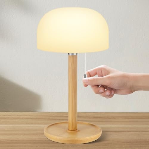 FORNORM Rechargable Lamp with Pull Cord, Wireless Lamp 3 Colour Dimmable, Battery Operated Table Light Cordless Bedside Lamps for Living Room Bedroom Dining Room Bathroom, Waterproof