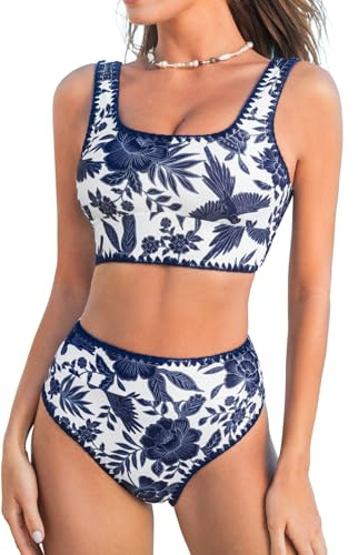 CUPSHE Damen Bikini Set U Ausschnitt High Waist Tank Bikini Breite Träger Häkelpaspel Cheeky Bademode Zweiteiliger Badeanzug Swimsuit Weiß/Marineblau Floral XL