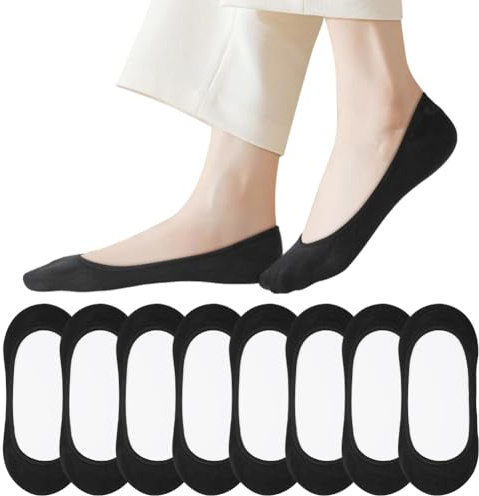 OFFCUP No Show Socks Women, 8 Pairs Ladies Invisible Sock, Non Slip Ultra Low Cut Liner Boat Loafer Sock, Cotton Breathable Footsies Shoe Socks for Loafers Flats Pumps Trainers UK 4.5-7 (Black)