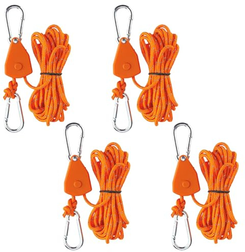 4 Stück Verstellbarer Seil Ratsche, 4m Abspannseile mit Seilspanner, 4mm Leichte Abspannleine Zeltschnur Einstellbare Seilratsche mit Haken für Campingzelte Markisen (Orange)