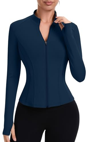 IECCP Maglietta sportiva da donna, palestra, yoga, top sportivo, a maniche lunghe, funzionale, da corsa, con chiusura lampo e foro per il pollice, Blu mare, M