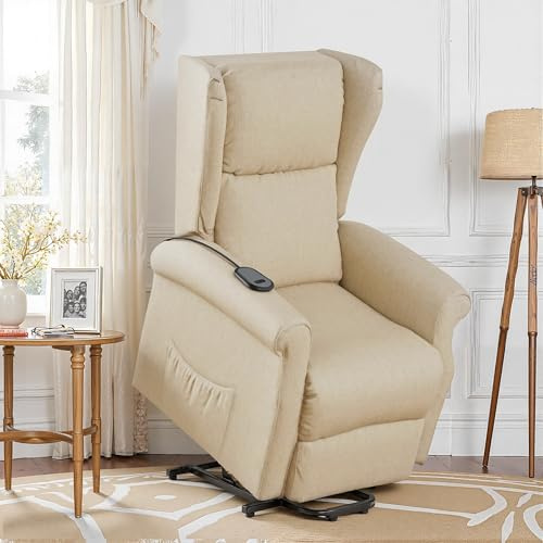 BonVache Elektrischer Aufstehsessel, Fernsehsessel mit Aufstehhilfe, Relaxsessel mit Liegefunktion, Liegesessel für Senioren, mit Fernbedienung, Fußstütze, Sesselsofa, Cremeweiß