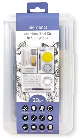 Elements Strumenti per schizzi, 20 pezzi, con scatola portaoggetti, per sfumare, tortillon, gomme, nastro e accessori per disegnare e ombreggiare, articoli artistici per le vacanze e lista dei regali