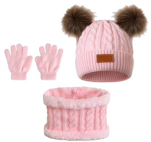 SSKHE Bonnet Enfant Tricoté Tour de Cou Chaud Gants Hiver Ensemble 3 Pièces Chapeau Écharpe Tricot Doublure Épaisse pour Fille Garçon