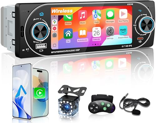 5.1 Single Din Car Stereo Wireless Apple CarPlay Android Auto, IPS Touchscreen Car Radio Bluetooth 5.2, FM/AM/RDS, USB Type-C Fast Charging, 4×45W Car Audio, Backup Camera, Fits Most Single DIN Cars