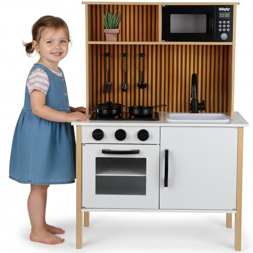 Cucina per bambini in legno con luce e suono - Cucina giochi con accessori, fornello, forno, lavello, microonde, cucina moderna in legno per bambini dai 3 anni in su, GS0070