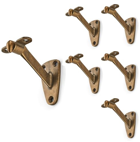 khtumeware Easy Install Handrail Support Brackets, 6 Pack Antique Brass 4 Inch Stair Brackets for Wooden Railing, Includes Hardware for Staircase, Balcony, Corridor (Indoor/Outdoor)