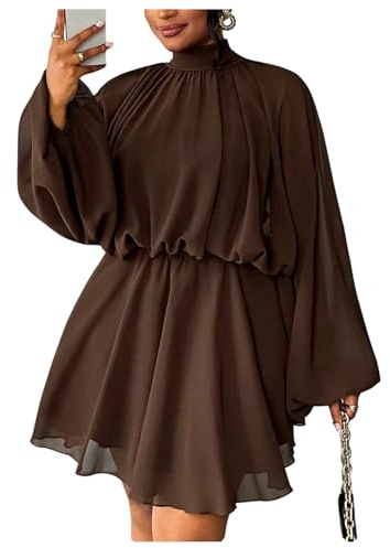BEAUDRM Women's Plus Size Cocktail Dress Long Sleeve Ruched Flowy Mock Neck Fall Wedding Guest Dress Brown Large Plus