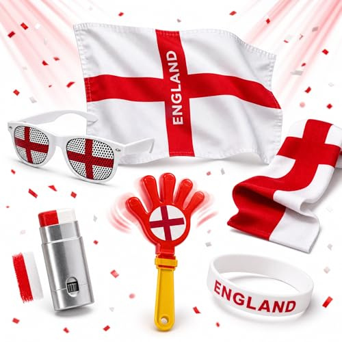 SGM England Fan Kit 6-Piece Supporter Set – England Flag, Sunglasses, Scarf, Hand Clapper, Face Paint & Wristband – St George's Cross Football Euros World Cup Party Accessories 2600-2