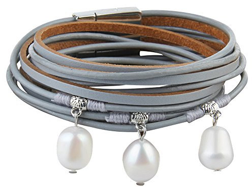 Cheerlife Damen Perlenarmband Echt Leder Perlen Wickelarmband Magnetverschluss Armband (Grau)