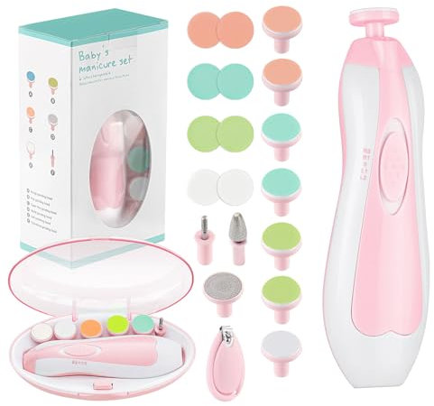 Zooawa Baby Nagelknipser 20 in 1, Elektrischer Baby Nageltrimmer, Nagelfeilen Set mit 12 Ersatzpads, Pflegeset für Neugeborene Säuglinge Kleinkinder Erwachsene, Zehen Fingernägel Pflege, Rosa