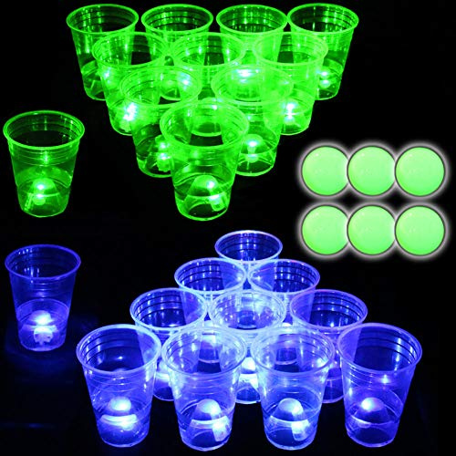 Beer Pong illuminato al buio Beer Pong Set - Bicchieri da birra per interni ed esterni, divertimento notturno, 22 bicchieri luminosi (11 verdi e 11 blu), 6 palline luminose, gioco per feste