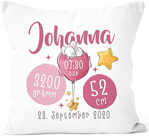 SpecialMe® personalisierbarer Kissen-Bezug zur Geburt Luftballon Sterne Geburtskissen, Namenskissen Geschenk Geburt Mädchen weiß 40cm x 40cm