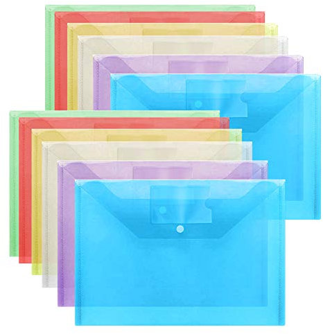 12 Stück Dokumententasche A4, Dokumentenmappe mit Druckknopf&Visitenkartenhülle, Rot/Gelb/Grün/Blau/Lila/Klar Sammelmappe A4 Kunststoff Brieftaschen zum Abheften für Dokument Organisieren/Speicherung