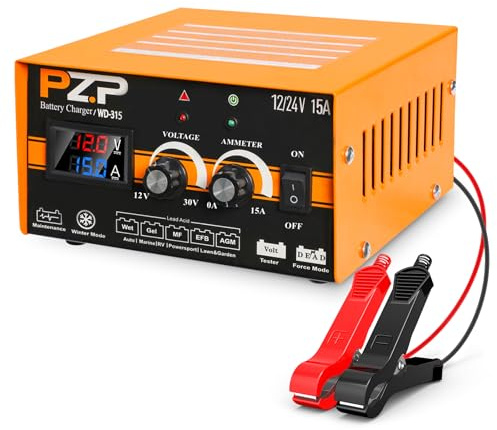 PZP 0-15A 12V 24V Car Battery Charger Automotive Motorcycle Boat Marine Trickle Charger 12 Volt 24 Volt Automobile Battery Charger Maintainer, Manual Deep Cycle Chargers