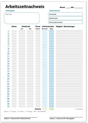 PICTALOO Arbeitszeitnachweis Block A4, monatliche Arbeitszeiterfassung für 31 Tage pro Blatt, Stundenbuch für Arbeit, vorgedruckte Stundenzettel Minijob und Vollzeit, Stundennachweis, Zeiterfassung